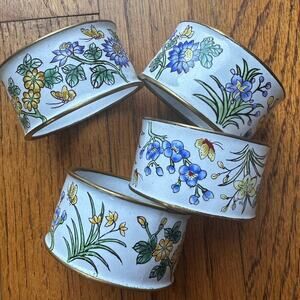 Vintage Cloisonné Enamel Napkin Rings - Floral & Butterfly Motif - Set of 4